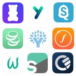 Icons of nine finance apps, in order: Emma, Yolt, Squirrel, Pennies, You Need a Budget, Fudget, Wally, Splitwise and Curve